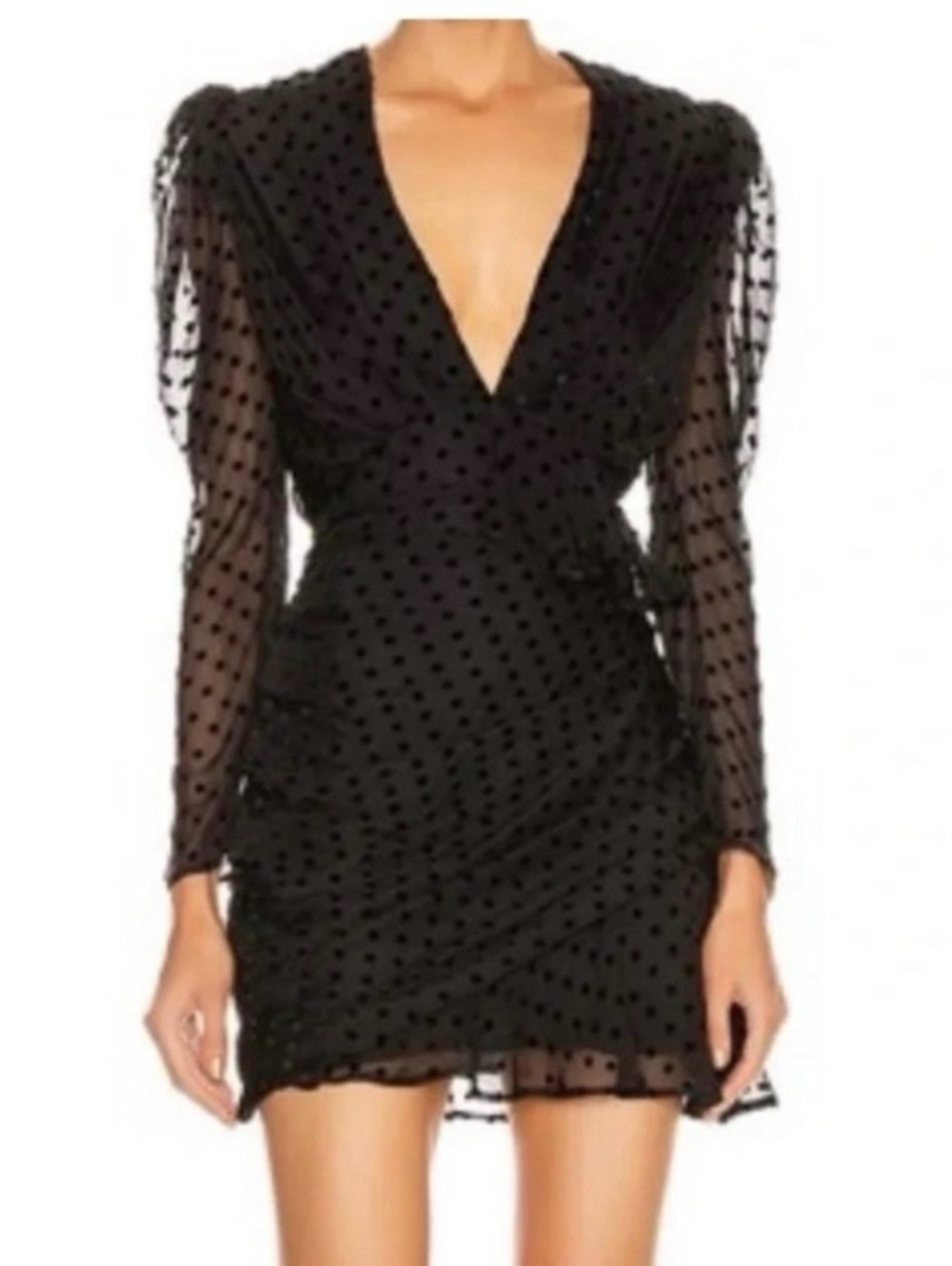 IRO Paris Callagan Black Silk Blend Flocked Polka Dot Ruffle Mini Dress 34 XS